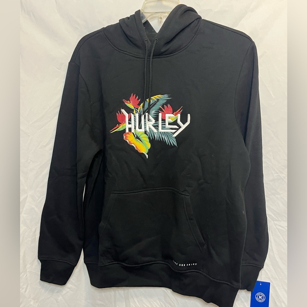 Hurley Men’s hoodie. Black with embroidered tropical flowers. Size large. NWT.